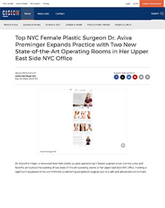 printscreen of the article: Top NYC Female Plastic Surgeon Dr. Aviva Preminger Expands Practice with Two New State-of-the-Art Operating Rooms in Her Upper East Side NYC Office