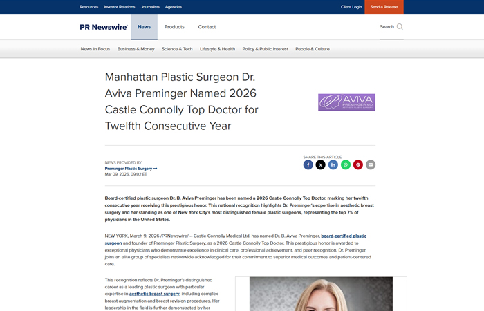 screenshot of article titled: Manhattan Plastic Surgeon Dr. Aviva Preminger Named 2026 Castle Connolly Top Doctor for Twelfth Consecutive Year